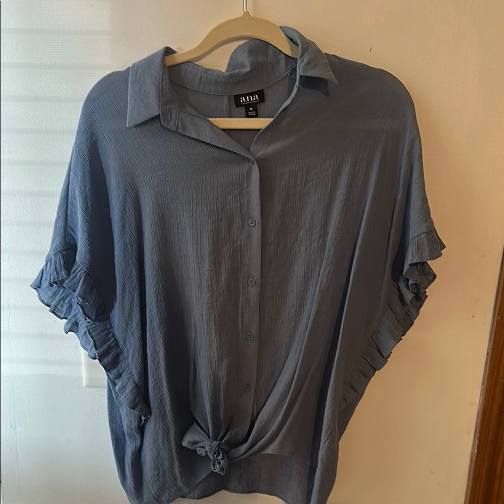a.n.a Blue Flutter Sleeve Button Down Shirt with Tie Front
